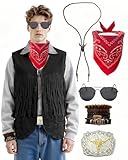 Mens Western Vest Cowboy Vests for Men - Suede Fringe Leather Costume Outfit with Accessories Set (Bandana, Buckle) for Halloween Cosplay