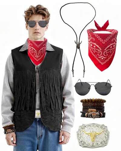 Mens Western Vest Cowboy Vests for Men - Suede Fringe Leather Costume Outfit with Accessories Set (Bandana, Buckle) for Halloween Cosplay