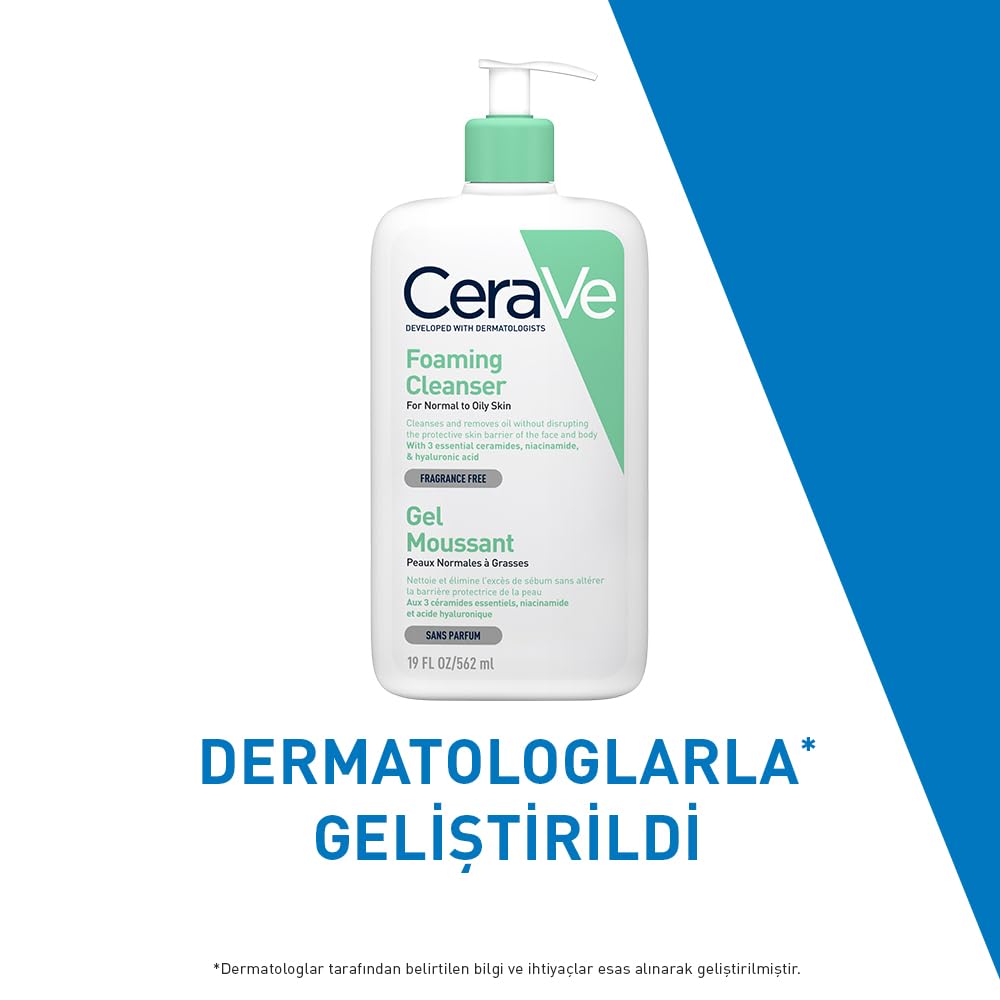 CeraVe Normal ve Yağlı Ciltler için Seramid İçerikli Köpüren Temizleyici Yüz Vücut 562 ml