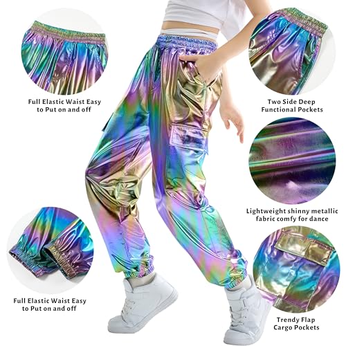 Image of Rolanko Girls Shiny Metallic Cargo Pants, Sparkle Jogger Pants for Girls Hip Hop Dance Streetwear Cargo Trousers 6-15 Years