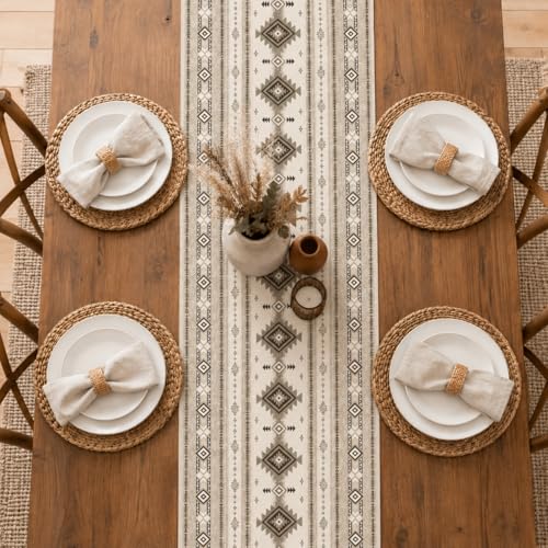 Image of Boho Geometric Aztec Table Runner, Southwest Aztec Tribal Pattern Linen, Rustic Dining Table Decor for Farmhouse Kitchen 13x90 Inch