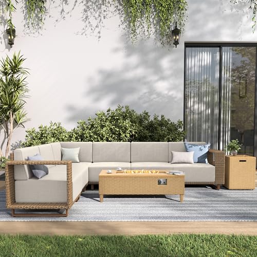 Image of SUNSHINE VALLEY Patio Furniture Set with Fire Pit, Sectional Outdoor Conversation Sets with 10 inch Thick Cushions, 7 Pieces L Shaped Modular Yellow Rattan Wicker Sofa, Low Profile Lawn Garden Couch Set