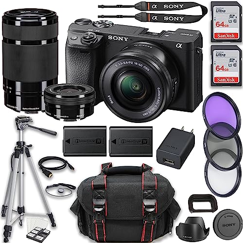 Sony a6400 Mirrorless Camera + Sony E PZ 16-50mm f/3.5-5.6 OSS Lens + Sony E 55-210mm f/4.5-6.3 OSS Lens + 2X 64GB Memory + Case + Tripod & More (20pc Bundle)