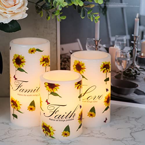 Image of Sunflower Flameless Flickering Candles with 6H Timer, Set of 3 Battery Operated White Real Wax LED Pillar Candles Party Dinner Wedding Spring Decor(3 x 4,5,6 Inches)