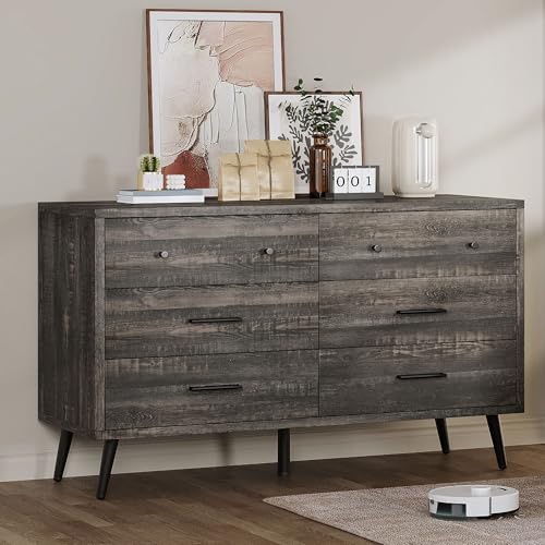 YITAHOME 6 Drawer Dresser/TV Stand for 55 Inch TV/Entertainment Center/Console Table with Black Metal Handles & Anti-Tipping Device for Living Room/Bedroom - Dark Rustic Oak 15.7"D x 31"W x