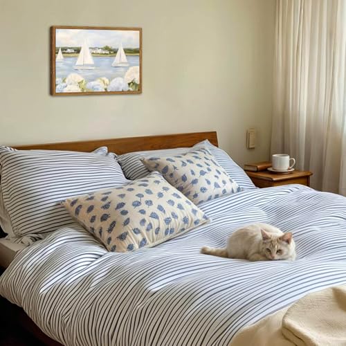 Framed Vintage Hydrangea Floral Wall Art, Blue Coastal Sailboat Pictures Wall Decor, Summer Nautical Landscape Pintings Canvas Prints Artwork for Home Living Room Bedroom 12x16 inch