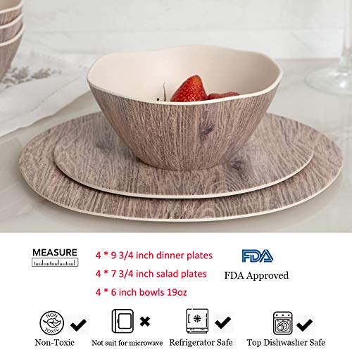 Melamine Dinnerware Set - 12pcs Melamine Plates and Bowls Set for Indoor Outdoor Use, Dishes Dinnerware Set Service for 4, Dishwasher Safe, Wood Grain