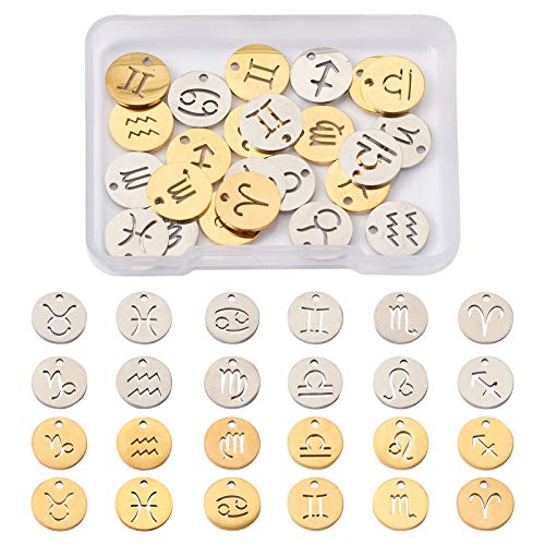 Cheriswelry Lot de 24 pendentifs plats ronds en acier inoxydable 304 12 constellations signe du zodiaque astrologie horoscope pour fabrication de bijoux