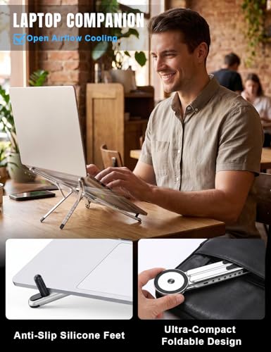 Image of 4-in-1 Foldable Laptop Stand & Magnetic Phone Holder, Silver Aerospace Aluminum Portable Desk Mount with N52 MagSafe Compatible Tripod Handle for MacBook Pro, iPad, Travel & Vlogging