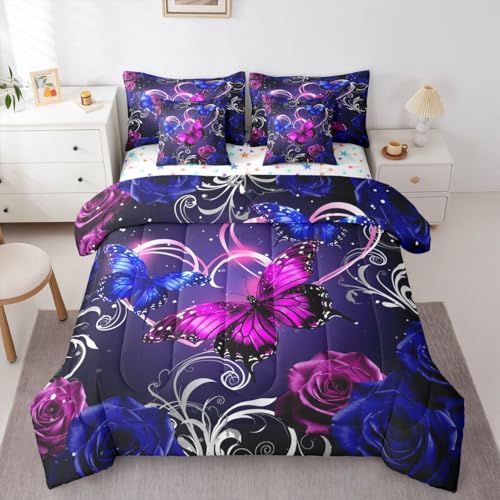 Image of Feelyou Cute Butterfly Comforter Set with Sheets 7 Piece King Size 3D Butterflies Bed in a Bag Kids Boys Girls Galaxy Dreamy Bedding Set Glitter Rose Floral Microfiber