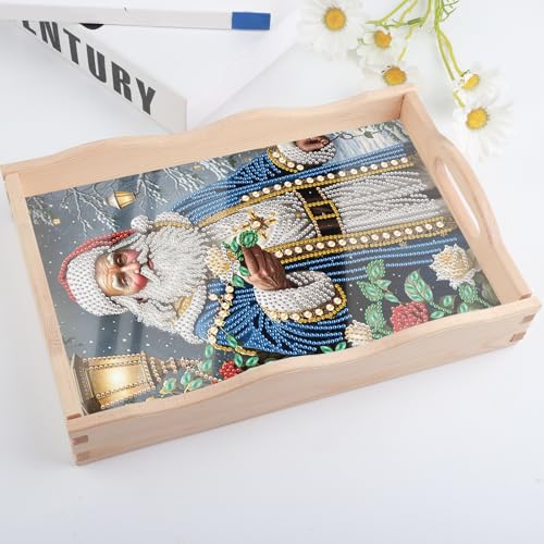 Image of AiYuanzsh Christmas DIY Diamond Art Tray with Handle Diamond Art Painting Plate Creative Design Handmade Wooden Tray Kits Special Shape Diamond Art for Coffee Home Christmas Organizer (Santa Claus)