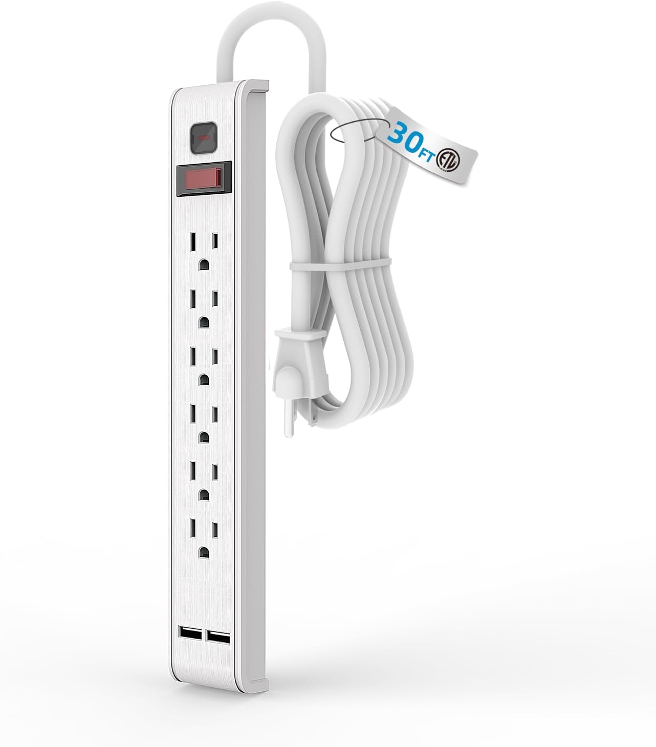 TiFFCOFiO Power Strip Surge Protector, 6 Outlets with 2 USB Ports, 6 Feet Extension Cord, 600 Joules, Wall Mountable for Home, Office and Dorm, 15A/1875W, ETL Listed (30, Feet)