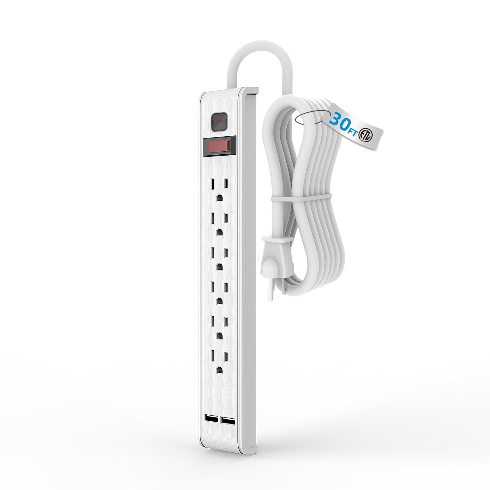 TiFFCOFiO Power Strip Surge Protector, 6 Outlets with 2 USB Ports, 6 Feet Extension Cord, 600 Joules, Wall Mountable for Home, Office and Dorm, 15A/1875W, ETL Listed (30, Feet)