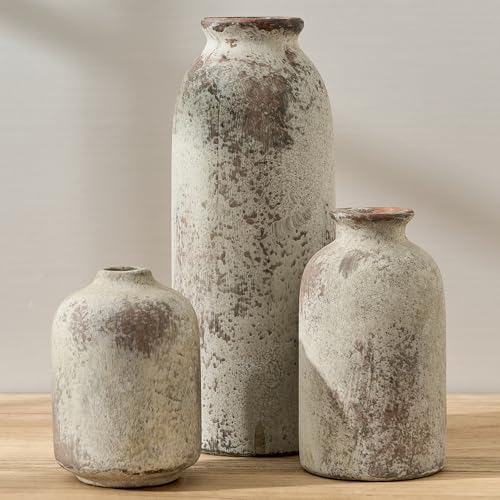 Ceramic Vase Set of 3, Decorative Terracotta Farmhouse Rustic Vases for Living Room Kitchen Bedroom Bathroom Entryway Mantel Table, Pottery Home Decor for Bouquet Pampas Grass Dried Fresh Flowers