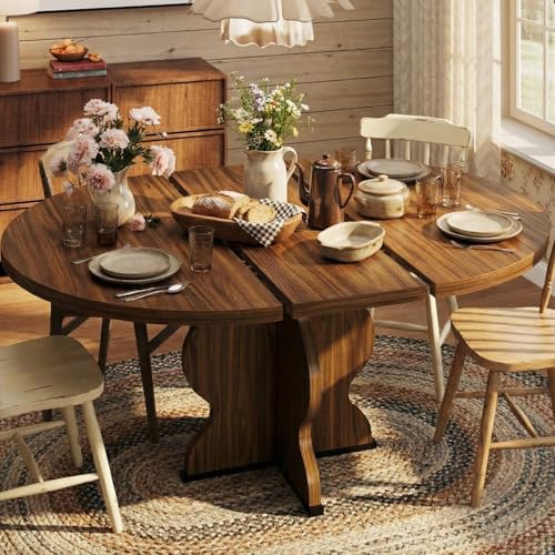 Garvee 47"-63" Extendable Round Dining Room Table for 4-8, Farmhouse Expandable Wood Kitchen Table w/Wider Leg, Sturdy Metal Frame, Oval Circle, for Dinner, Kitchen, Apartment, Space Save, Walnut - Image 3