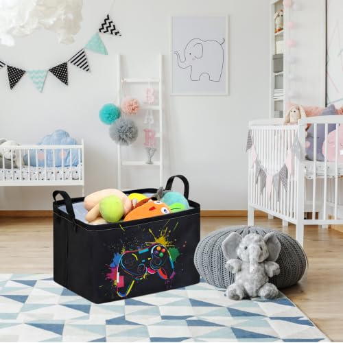 Image of Rectangular Game Basket For Boys Kids Storage Bin Toy Room Decor | Foldable Storage Waterproof Canvas Toy Box Gift Baskets For Boys Laundry Kiks Basket With Handles Gamer room decor prize bin