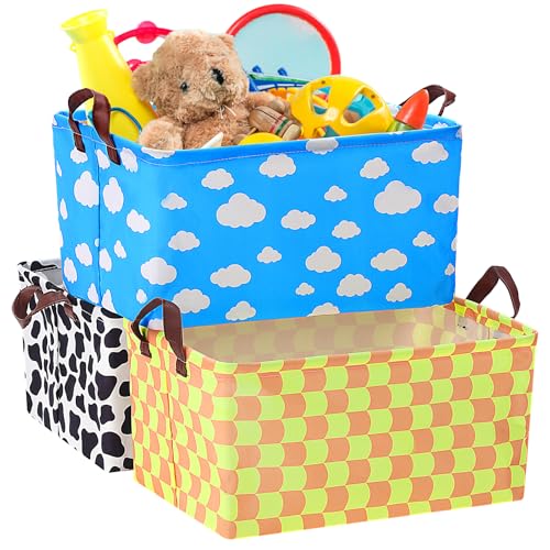 Yoojahow 3 Pack Storage Baskets Waterproof Canvas with Leather Handles Storage Bins Basket Organizer Collapsible for Closet Clothes Room Decor(Cartoon Story)