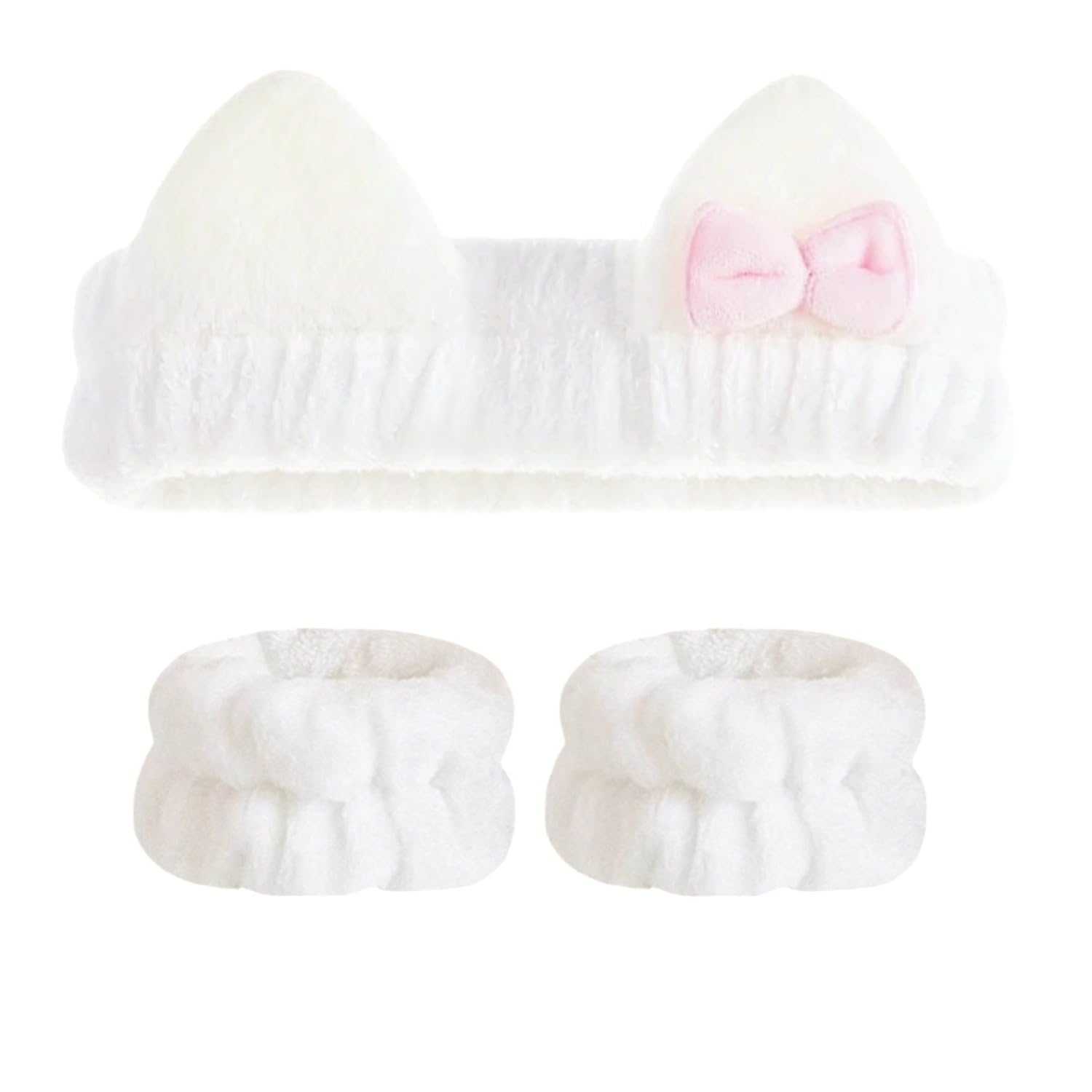 Cute Spa Headband and Wristband Set for Women Kawaii Ear White Makeup Headband for Washing Face (3PCS, White)