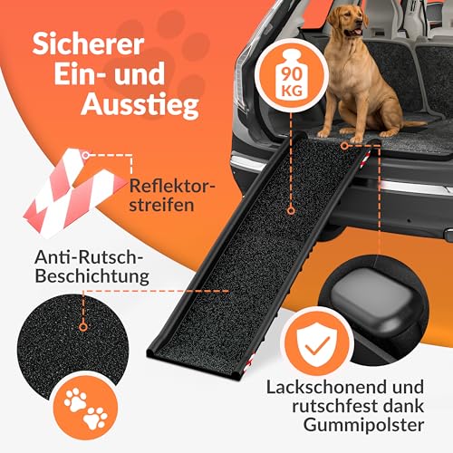 CADOCA® Hunderampe Auto klappbar 90kg kompakt 156x40cm Tragegriff Sicherungsbügel Reflektoren Trinknapf Hund Katze rutschfest leichte Einstiegshilfe