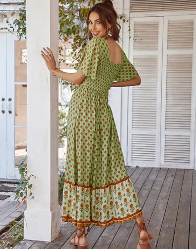 Image of Sister Amy Women's Boho Floral Print Square Neck Beach Party Flowy Ruffle Midi Dress
