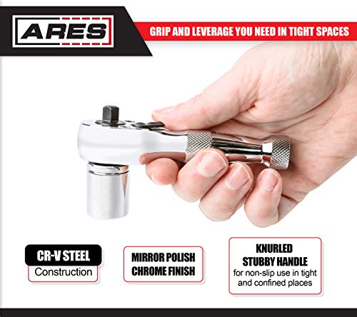 Ares 42034-3/8-Inch X 1/4-Inch Drive 72-Tooth Stubby Ratchet - Dual 1/4-Inch & 3/8-Inch Drive Head - Premium Chrome Vanadium Steel Construction & Mirror Polish Finish - Reversible Direction Head #TOP3