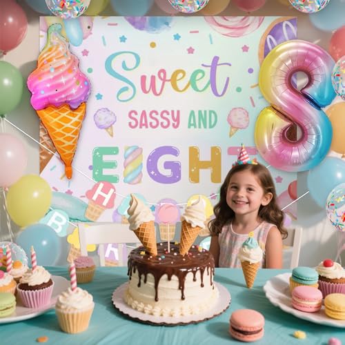 Image of Sweet Sassy and Eight 8th Birthday Decorations for Girls Ice Cream Balloon | 8 Year Old Birthday Decorations Girls Sweet Sassy and Eight Backdrop 8 Balloons Ice Cream Banner 8th Birthday Party Supplies