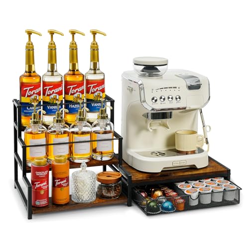 Pinzoveco Coffee Syrup Rack Organizer, 3 Tier 12 Bottles Syrup Rack with 24 K Cup Holder Drawer for Coffee Bar Organizer, Wood Coffee Station Organizer for Countertop, Coffee Makers, Bar Accessories