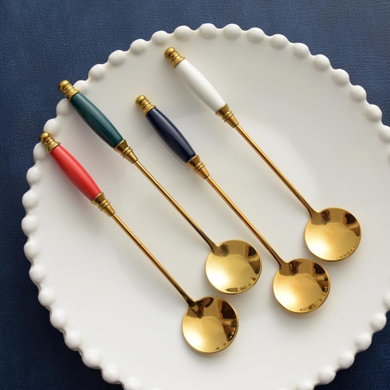 Silverware Flatware Set, 1/4/6/8/10/12 Pieces Creative Stainless Steel Long Handle Stirring Spoon Household Afternoon Tea Drink Stirring Honey Spoon Dessert Coffee Spoon(Green Gold,12 Piece