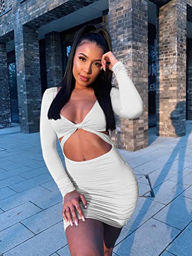 Xxtaxn Women's Sexy Bodycon Deep V Neck Long Sleeve Cut Out Club Mini Dress White #TOP6