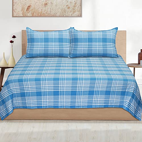 Image of AIRWILL, 200GSM Handloom Cotton Double Bedsheet with 2 Pillow Covers (Track Dobby Teal Blue)