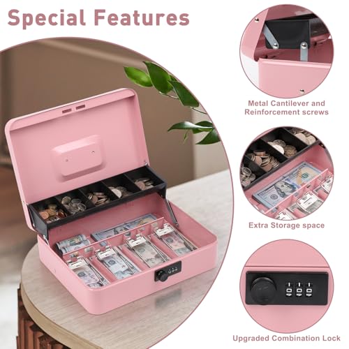 Image of KYODOLED Large Cash Box with Combination Lock, Money Box with Cash Tray, Lock Safe Box with Key, Money Saving Organizer, 11.81Lx 9.45Wx 3.54H Inches, Pink XL Large