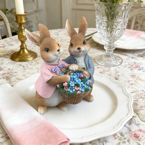 Estatua pareja de conejos con canastas decorativas miniatura 3