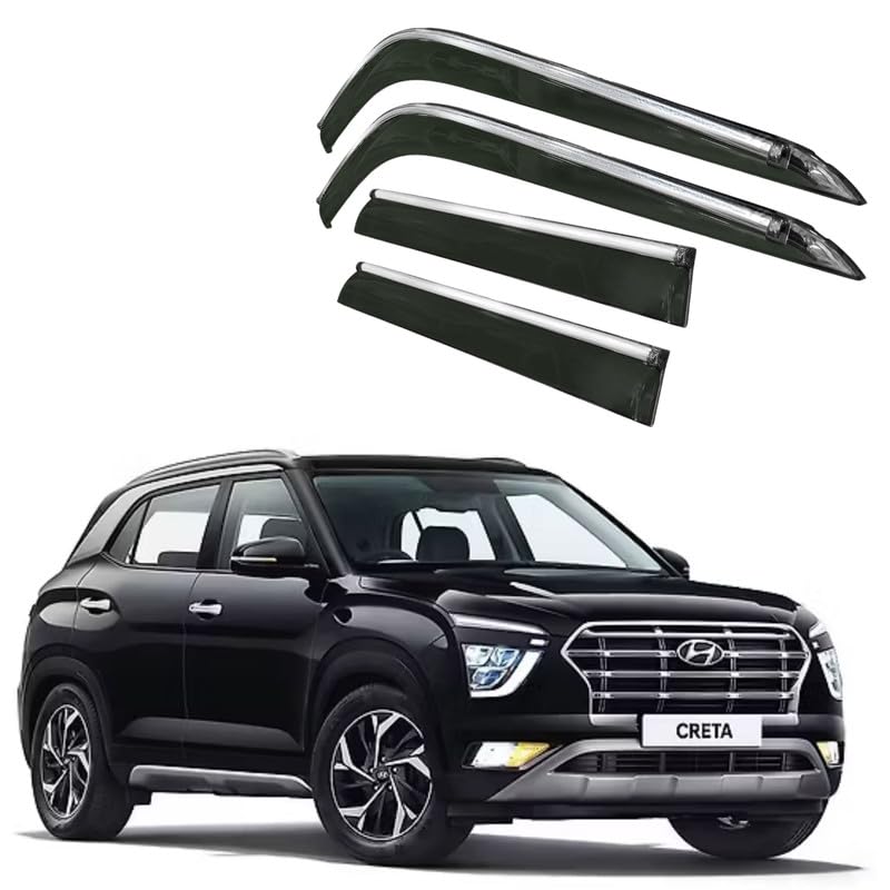 Image of CAR SAAZ Side Door Visors for Creta (2020-2024)(Set of 4Pcs)|Chrome Lined Rain Guards, Polycarbonate, Smoke Finish