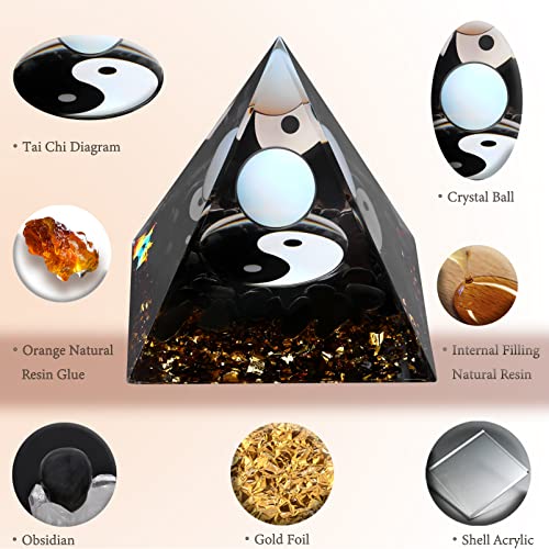 FENGSHUI-CAISHEN Yin Yang Healing Crystal Orgonite Pyramid - Tai Chi with Obsidian Opal Ball - Taiji Reiki Chakra Meditation Desktop Paperweights Decor - Image 5