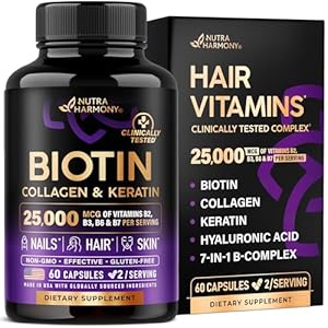 Biotin | Collagen | Keratin – Clinically Tested Supplement – Hair Growth Support, Skin & Nails – 25000 mcg Vitamins B2, B3, B6 & B7 + B1 & Hyaluronic Acid – Made in USA – Women & Men | 60 Capsules