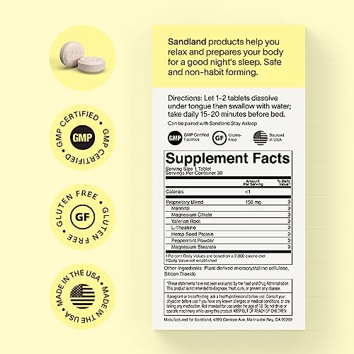 Sandland Fall Asleep, Natural Daily Sleep Supplement, 30 Dissolving Tablets, Magnesium, Valerian Root, L-Theanine, Peppermint Leaf, Made In The Usa #TOP1