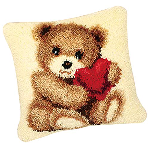 Bonarty Bear Pillow DIY Latch Hook Kits Rug DIY Kits Carpet Cushion Kit Yarn Carpet Embroidery Cushion Pillowcase Stitch Mat Home Carpet Bear Heart