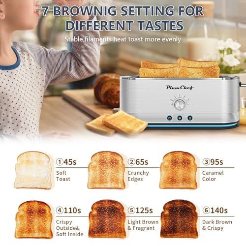 Image of Plum chef 4-Slice Toaster, Extra Wide Long SIot Toaster, 7 Browning Settings,Defrost /Reheat Functions, Removable CrumbTray, Stainless Steel Housing,Anti-Fingerprint & Anti-Jam (Stainless Steel)