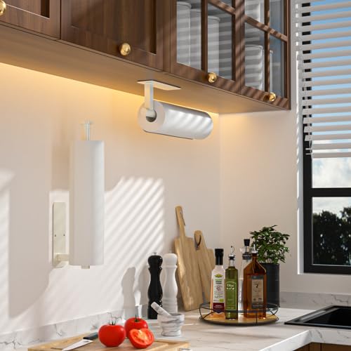 Image of ASTOFLI Paper Towel Holder Under Cabinet No Drilling, Self Adhesive Paper Towel Holder Wall Mount for Kitchen Rack, Under Counter Napin Holder No Drill, RV, 304 Stainless Steel, White