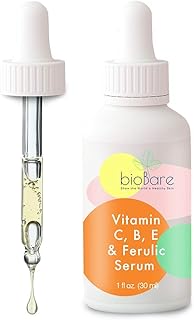 Vitamin C B E, and Ferulic Serum For Face By BioBare | 20% Pure Vitamin C W/Hyaluronic Acid | Helps Keep Skin Young, Mois...