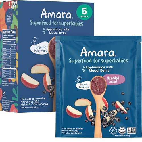 Image of Amara Organic Baby Food - Stage 2 - Applesauce & Maqui Berry - Baby Cereal to Mix With Breastmilk, Water or Baby Formula - Shelf Stable Baby Food Made from Organic Fruit - 5 Pouches, 3.5oz Per Serving