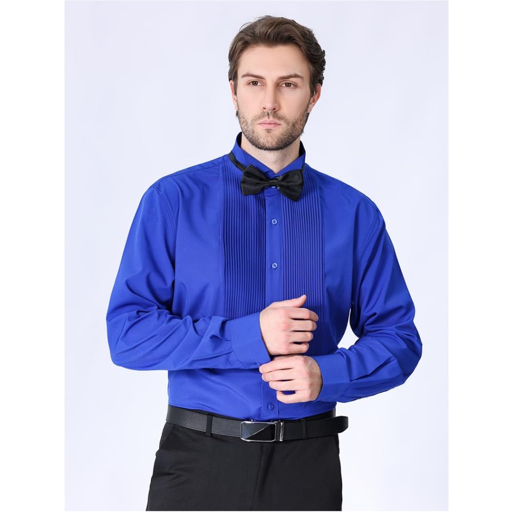 Camisa de esmoquin para hombre, camisa de vestir formal con puntadas plisadas en la parte delantera, camisas de doble puño con pajarita para fiesta de graduación, boda