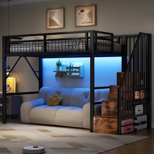 Moimhear Cama alta, cama de hierro, estructura de escaleras con espacio de almacenamiento, espacio libre para vestirse, sin colchón (negro, 90 x 200 cm)