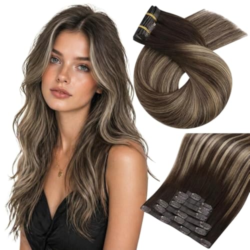 Image of Moresoo Seamless Clip in Human Hair Extensions, Ombre Brown, for Daily Wear | Clip in hair extensions remy hair, balayage medium brown to warm caramel, 22inch 120g 7pcs, for weddings and photoshoots