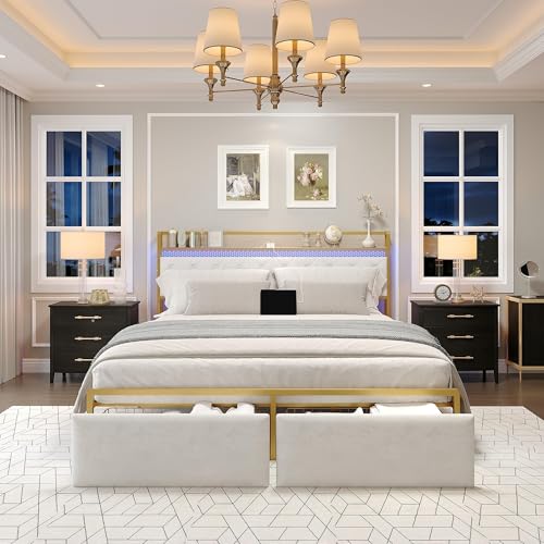 GarveeHome King Bed Frame with 2 Storage Drawers, LED Bed Frame with 2-Tier Storage Headboard&Charging Station, Metal Platform Bed Frame, No Box Sprin