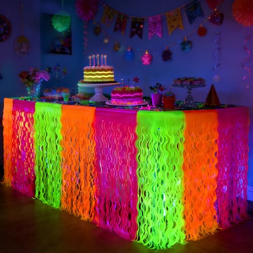 Neon Party Deko Set 2 Stück Bunte fluoreszierende Tabelle Röcke Schwarzlicht Party Deko Disco Par-ty Zubehör Fransenvorhänge für Hochzeit Geburtstag Fasching De-ko