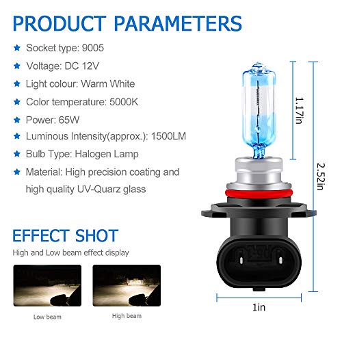 Sidaqi HB3/9005 65W Halogen Bulbs 5000K Warm White 12V Upgraded Version Bright and High Penetration High/Low Beam Headlight Fog Light DRL 2PCS - Image 2