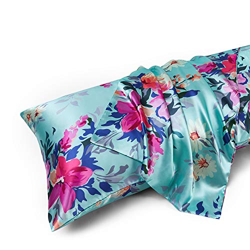 Image of MR&HM Satin Body Pillow Cover, Soft and Breathable Body Pillow Case with Envelope Closure, Cooling and Silky Long Pillowcase for Hair and Skin,Grey (20x54, Vintage Floral)