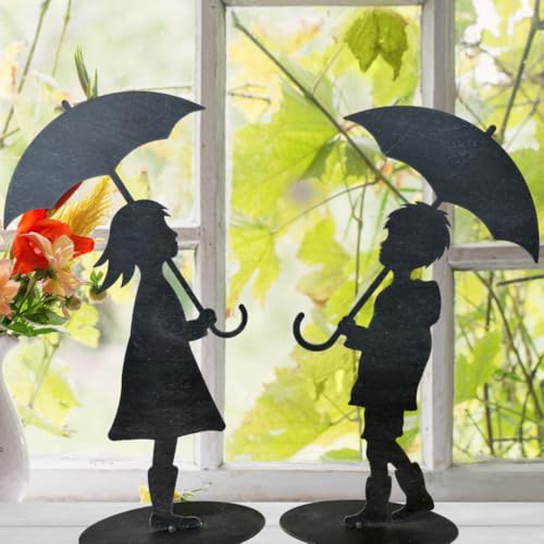 Terma Metall Figur Höhe 40cm Kinder mit Regenschirm zweier Set grau Made in Germany Gartenstecker Outdoor deko Herbstdeko Metallfigur winterdeko draußen Gartendeko Winter deko