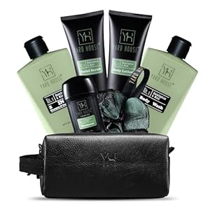 Mens Luxury Bath and Body Gift Set For Him – Skin Care Kit in Eucalyptus and Mint – Fathers Day Birthday Christmas Gifts Ideas For Men – 7Pcs Set w. Full Size Items in Leather Toiletry Bag